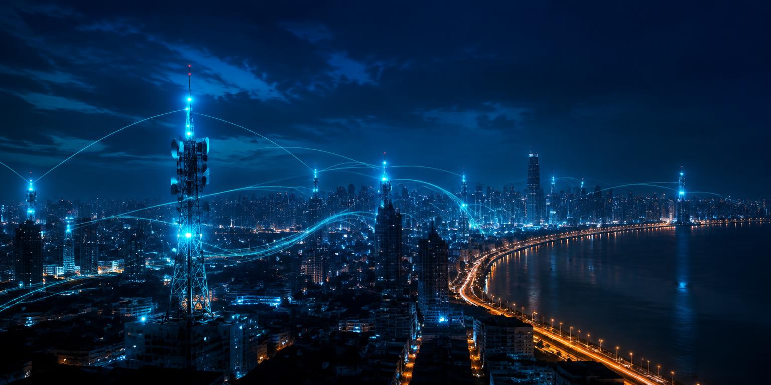Mumbai skyline at night with glowing telecom towers linked by streams of data light